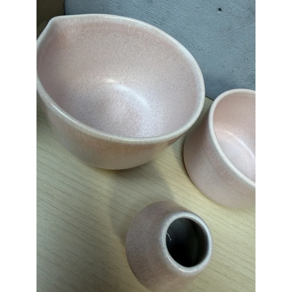 STONEWARE MATCHA SET 3 Pieces Light Pink Ceramic Spouted Bowl‎ Tea Cup Whisk